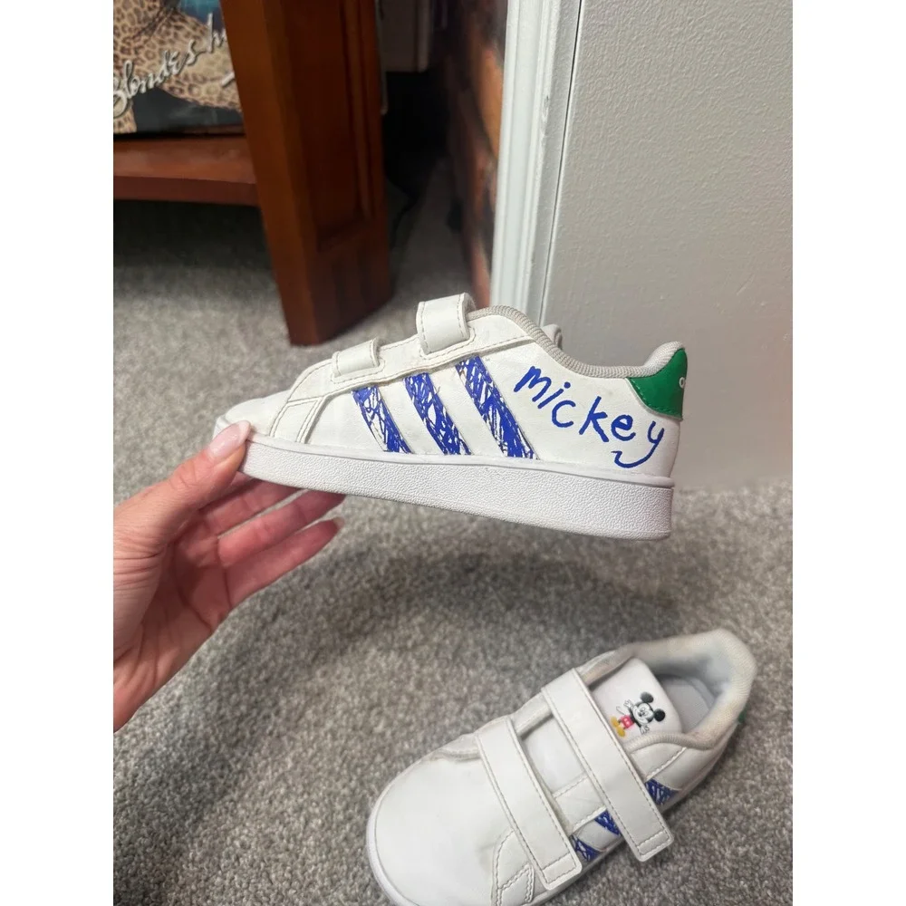 Adidas Grand Court Mickey Mouse Kids Sneakers White Blue Green Size 10K